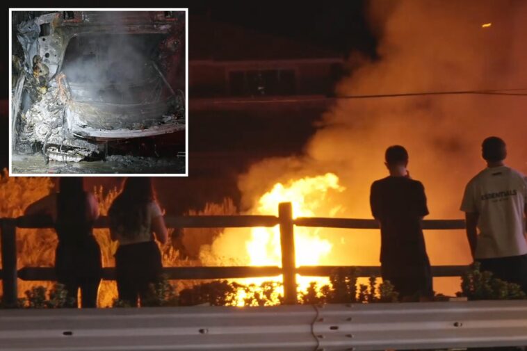 harrowing-moment-luxury-vehicle-explodes-on-california-freeway-as-driver-narrowly-escapes-inferno