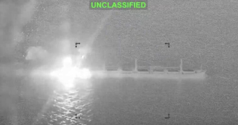 us-fighter-jet-disables-cargo-vessel-attempting-to-violate-naval-blockade-(video)