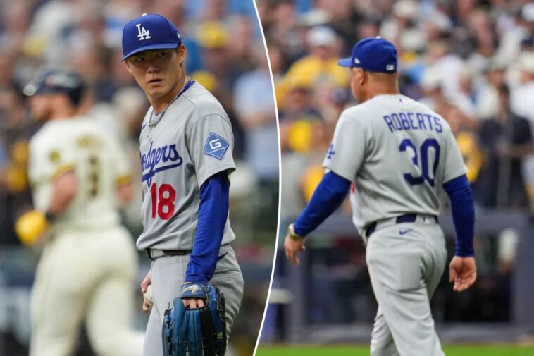 dodgers-ace-sent-to-showers-earlier-than-ever-in-postseason-after-unique-brewers-at-bat