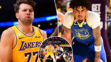 lakers’-luka-doncic-hits-halfcourt-shot,-chirps-at-warriors’-yaxel-lendeborg
