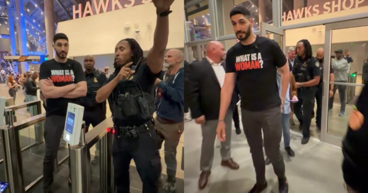 must-see:-ex-nba-star-enes-freedom-blocked-by-police-at-wnba-finals-game-for-wearing-“what-is-a-woman?”-shirt,-accused-of-“targeting-players”-on-social-media