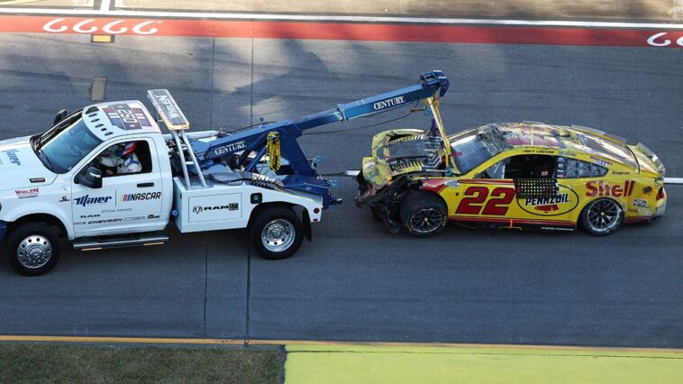 nascar’s-joey-logano-rides-on-his-roof,-riley-herbst-nails-wall-at-full-speed-in-dangerous-talladega-wreck