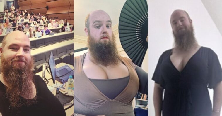 bearded-oxford-lecturer-teaching-biochemistry-while-wearing-giant-prosthetic-breasts,-and-the-university-shrugs